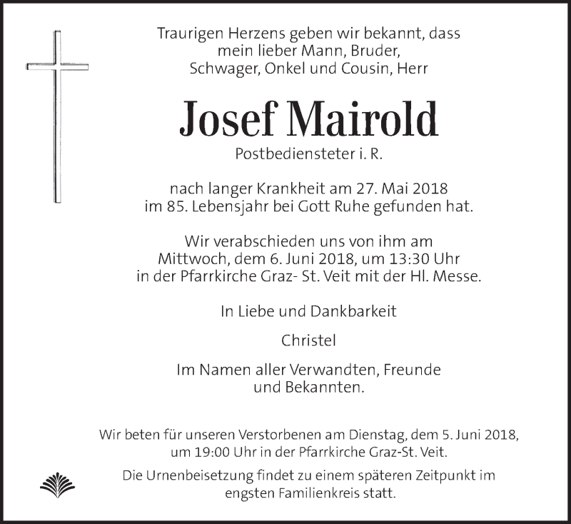  Traueranzeige für Josef Mairold vom 02.06.2018 aus Kleine Zeitung