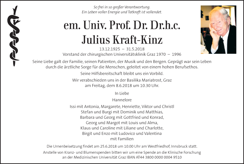  Traueranzeige für Julius Kraft-Kinz vom 05.06.2018 aus Kleine Zeitung