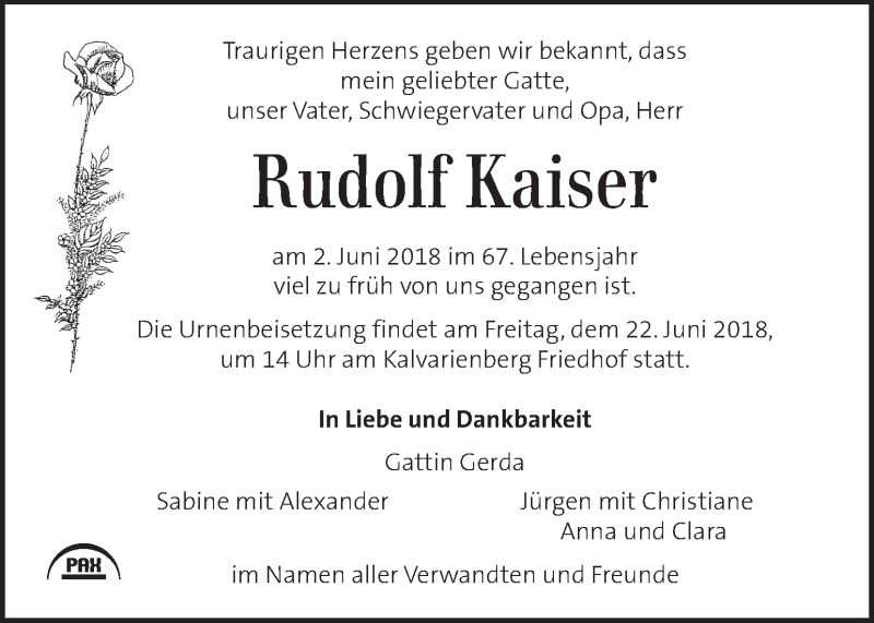  Traueranzeige für Rudolf Kaiser vom 08.06.2018 aus Kleine Zeitung