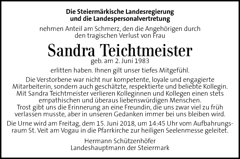  Traueranzeige für Sandra Teichtmeister vom 13.06.2018 aus Kleine Zeitung