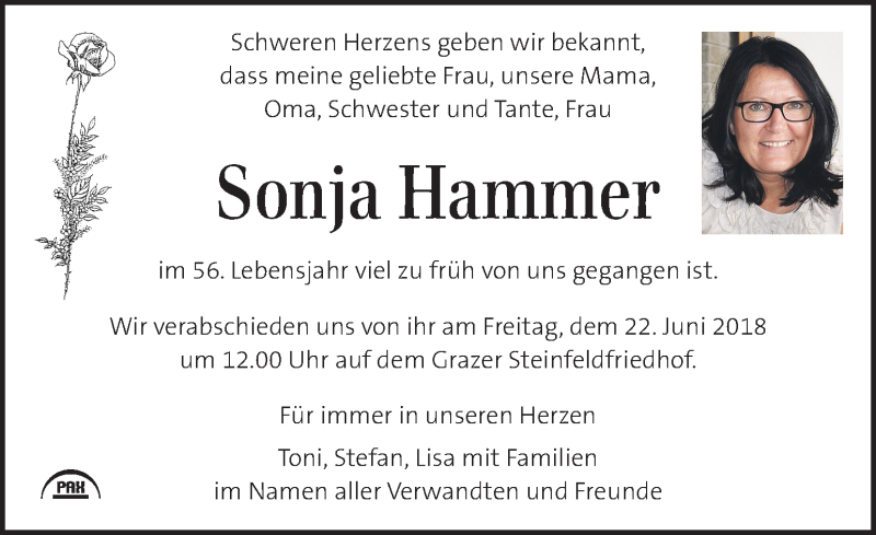  Traueranzeige für Sonja Hammer vom 20.06.2018 aus Kleine Zeitung