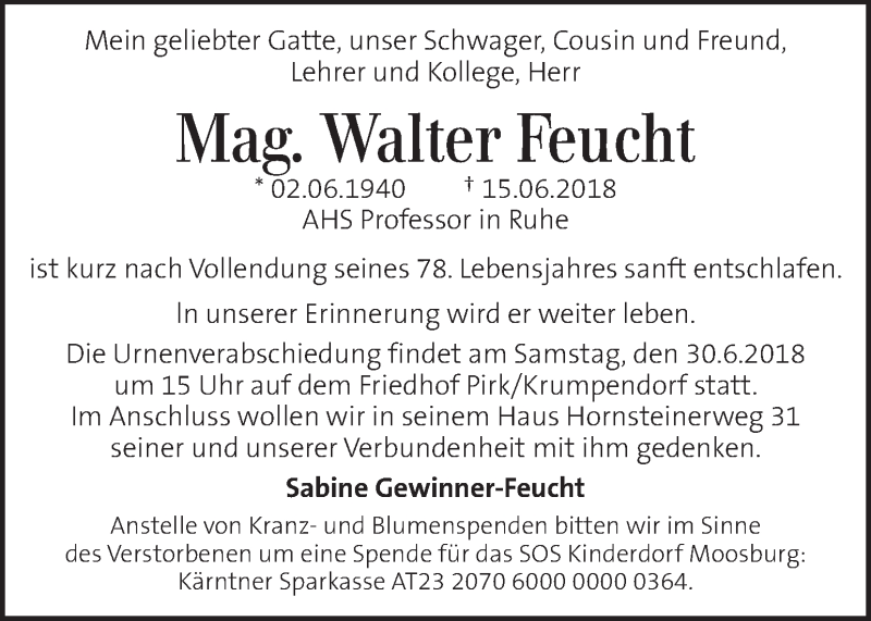  Traueranzeige für Walter Feucht vom 24.06.2018 aus Kleine Zeitung