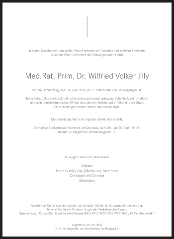 Traueranzeige von Wilfried Volker Jilly von Kleine Zeitung