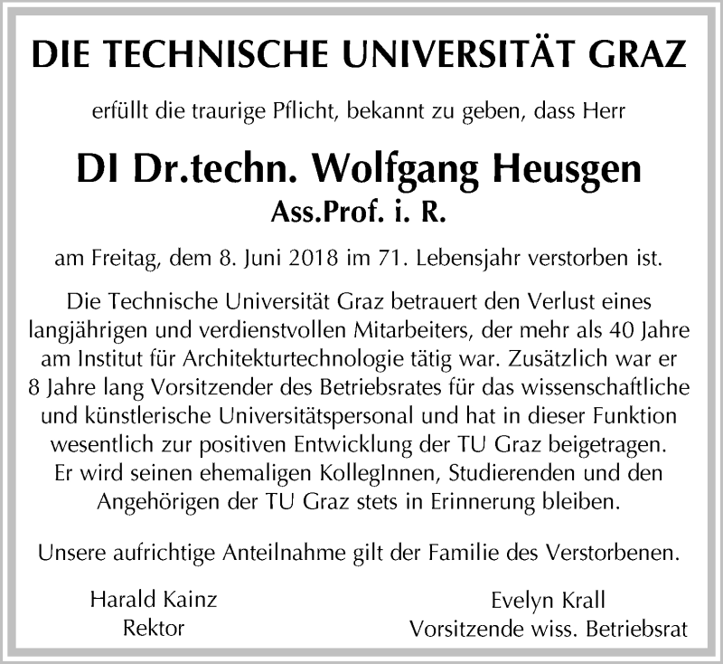 Traueranzeige für Wolfgang Heusgen vom 13.06.2018 aus Kleine Zeitung