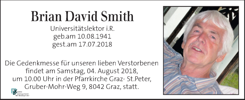  Traueranzeige für Brian David Smith vom 29.07.2018 aus Kleine Zeitung