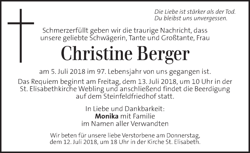  Traueranzeige für Christine Berger vom 08.07.2018 aus Kleine Zeitung