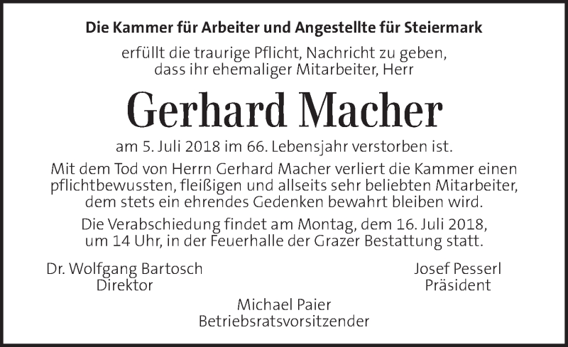  Traueranzeige für Gerhard Macher vom 13.07.2018 aus Kleine Zeitung
