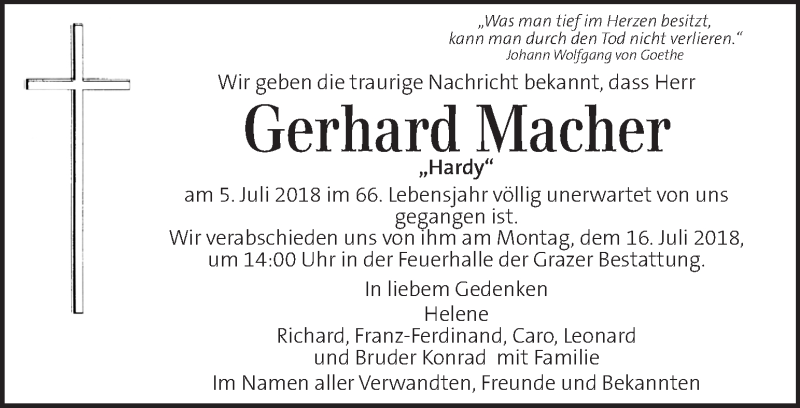  Traueranzeige für Gerhard Macher vom 12.07.2018 aus Kleine Zeitung
