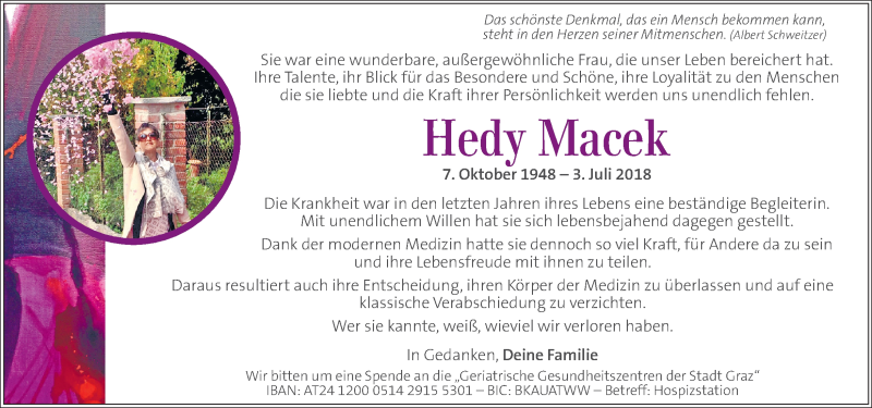  Traueranzeige für Hedy Macek vom 11.07.2018 aus Kleine Zeitung