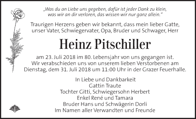 Traueranzeige für Heinz Pitschiller vom 27.07.2018 aus Kleine Zeitung