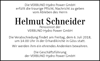 Traueranzeige von Helmut Schneider von Kleine Zeitung