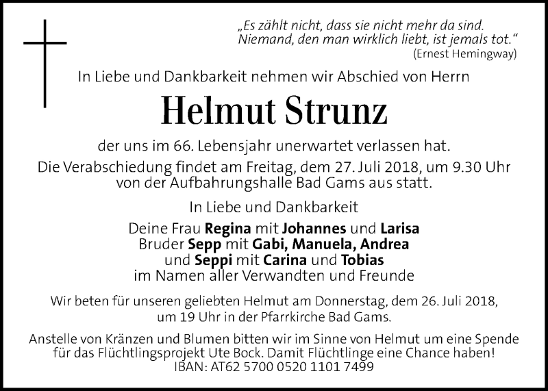  Traueranzeige für Helmut Strunz vom 26.07.2018 aus Kleine Zeitung