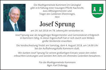 Traueranzeige von Josef Sprung von Kleine Zeitung