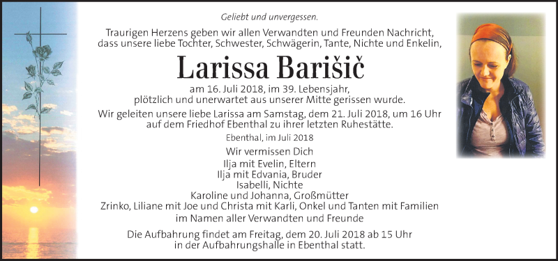 Traueranzeige für Larissa Barisic vom 19.07.2018 aus Kleine Zeitung