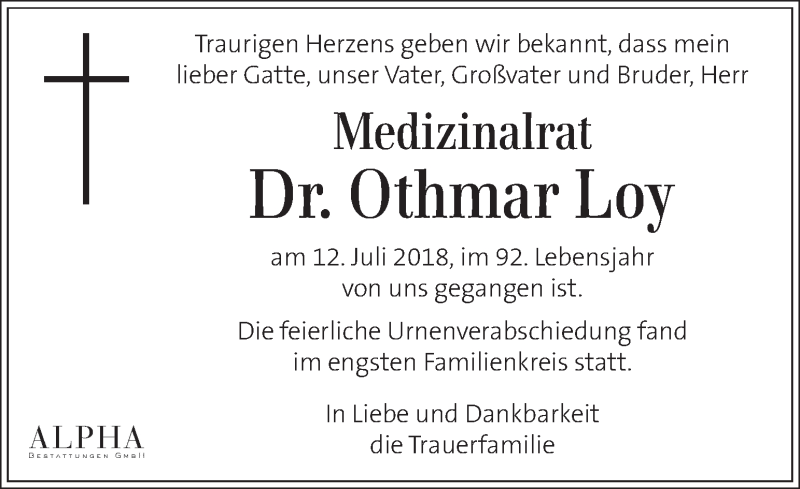  Traueranzeige für Othmar Loy vom 24.07.2018 aus Kleine Zeitung