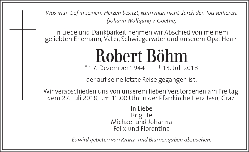 Traueranzeige für Robert Böhm vom 22.07.2018 aus Kleine Zeitung