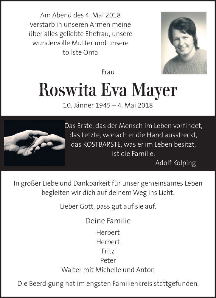  Traueranzeige für Roswita Eva Mayer vom 14.07.2018 aus Kleine Zeitung