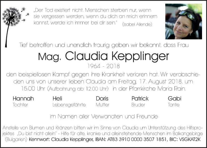  Traueranzeige für Claudia Kepplinger vom 15.08.2018 aus Kleine Zeitung