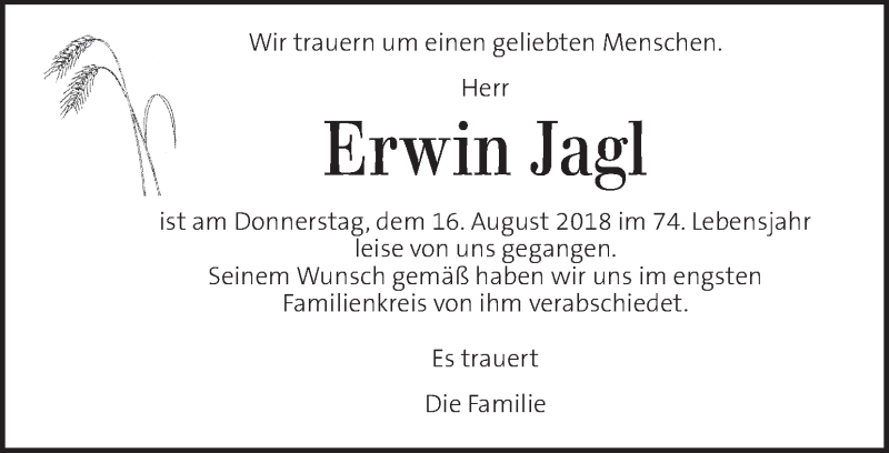  Traueranzeige für Erwin Jagl vom 23.08.2018 aus Kleine Zeitung