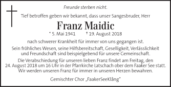 Traueranzeige von Franz Maidic von Kleine Zeitung