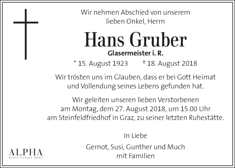  Traueranzeige für Hans Gruber vom 23.08.2018 aus Kleine Zeitung