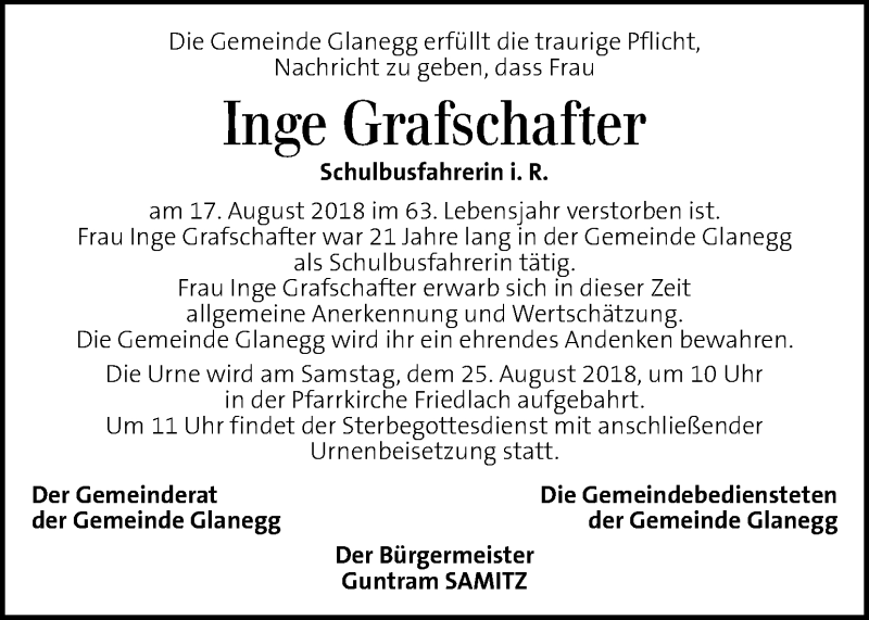  Traueranzeige für Ingeborg Grafschafter vom 23.08.2018 aus Kleine Zeitung