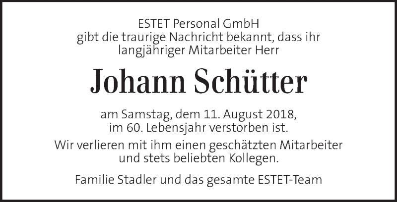  Traueranzeige für Johann Schütter vom 17.08.2018 aus Kleine Zeitung