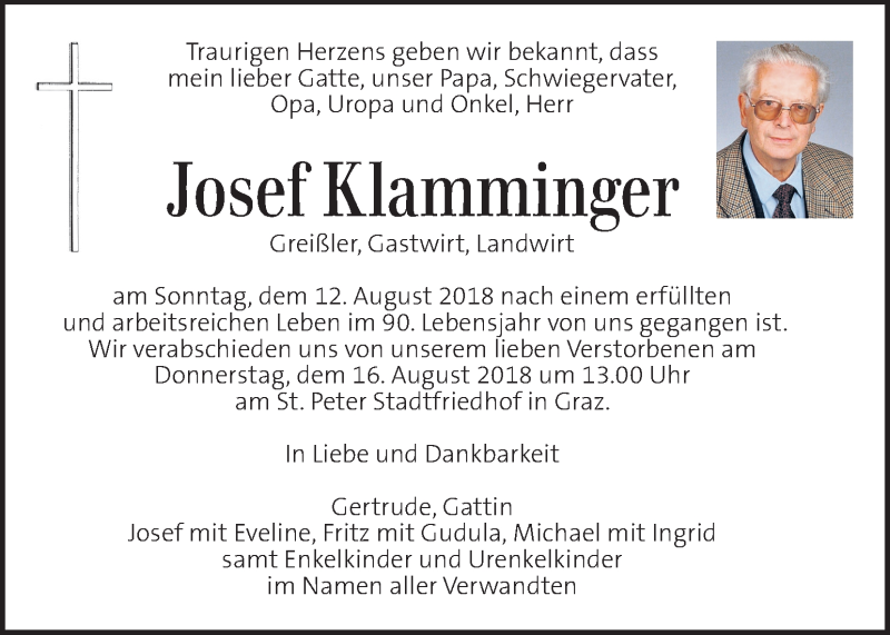  Traueranzeige für Josef Klamminger vom 15.08.2018 aus Kleine Zeitung