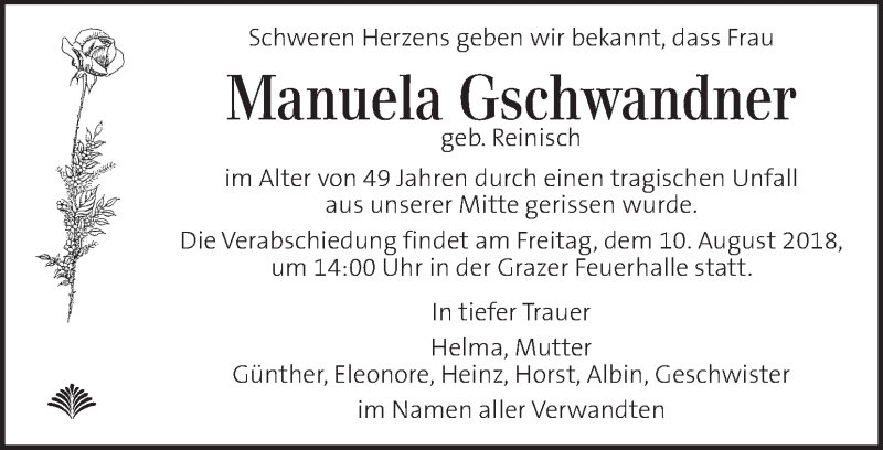  Traueranzeige für Manuela Gschwandner vom 07.08.2018 aus Kleine Zeitung