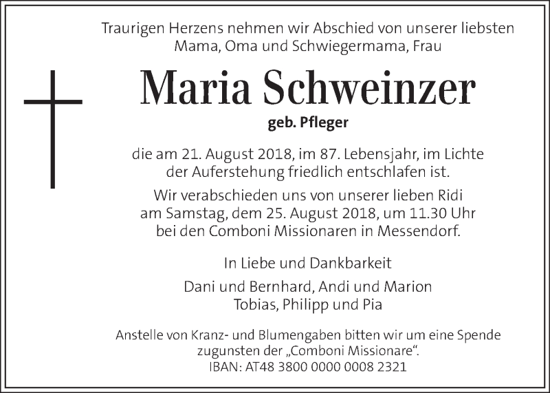  Traueranzeige für Maria Schweinzer vom 23.08.2018 aus Kleine Zeitung