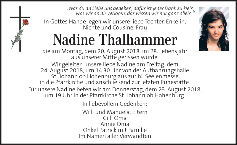  Traueranzeige für Nadine Thalhammer vom 23.08.2018 aus Kleine Zeitung