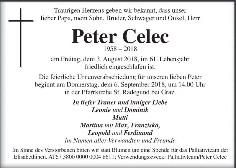 Traueranzeige für Peter Celec vom 31.08.2018 aus Kleine Zeitung
