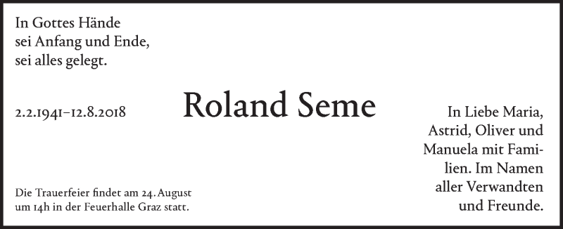  Traueranzeige für Roland Seme vom 22.08.2018 aus Kleine Zeitung