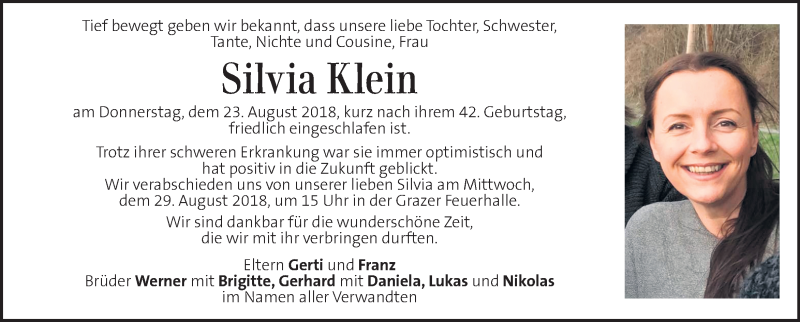  Traueranzeige für Silvia Klein vom 26.08.2018 aus Kleine Zeitung