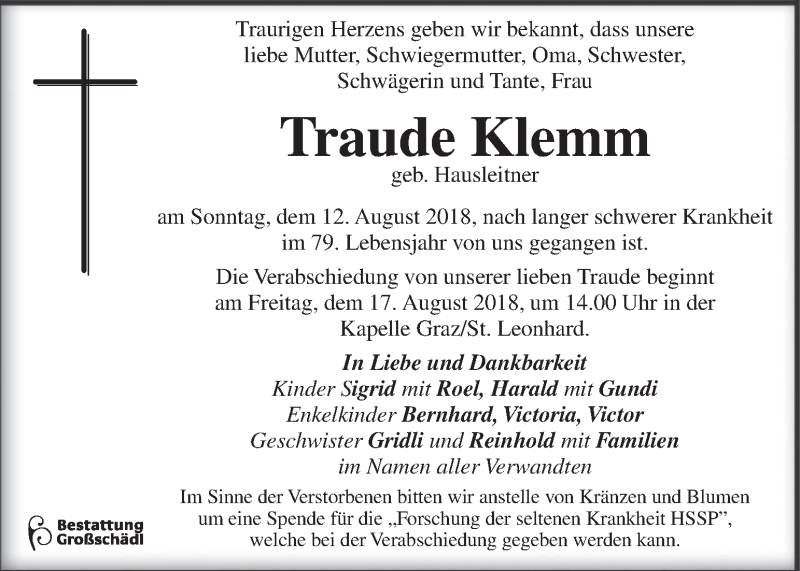  Traueranzeige für Traude Klemm vom 15.08.2018 aus Kleine Zeitung
