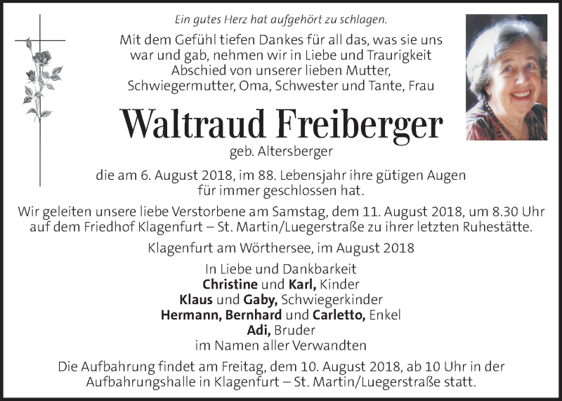  Traueranzeige für Waltraud Freiberger  vom 09.08.2018 aus Kleine Zeitung