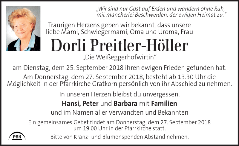  Traueranzeige für Dorli Preitler-Höller vom 27.09.2018 aus Kleine Zeitung