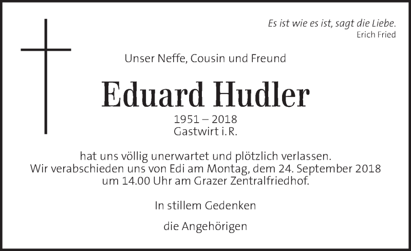  Traueranzeige für Eduard Hudler vom 21.09.2018 aus Kleine Zeitung
