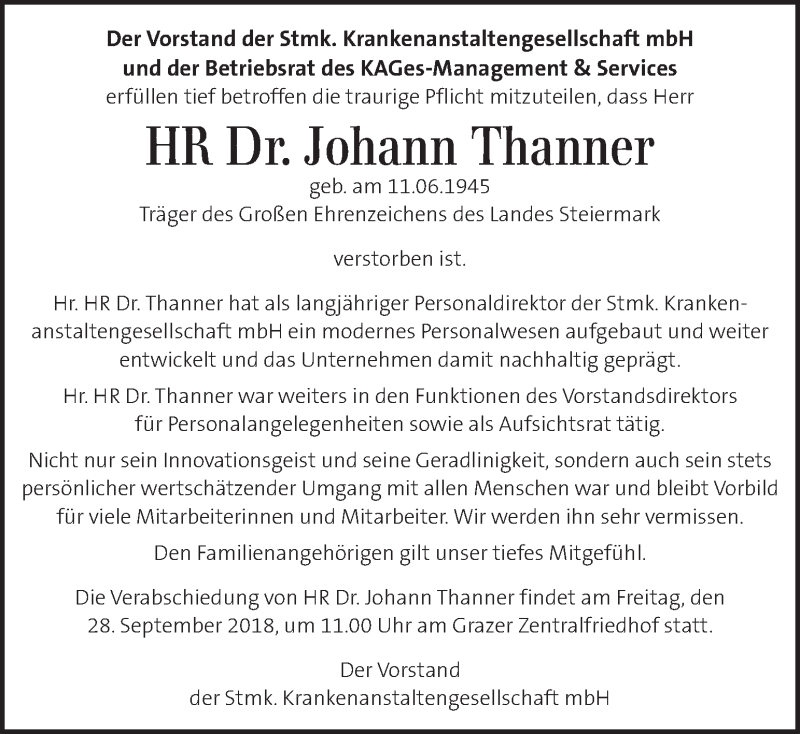  Traueranzeige für Johann Thanner vom 27.09.2018 aus Kleine Zeitung