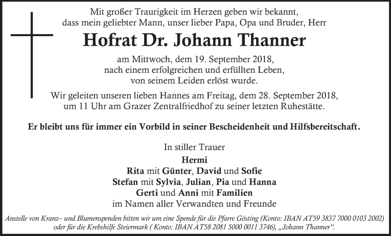  Traueranzeige für Johann Thanner vom 23.09.2018 aus Kleine Zeitung