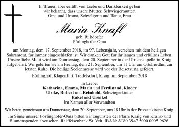 Traueranzeige von Maria Knafl von Kleine Zeitung