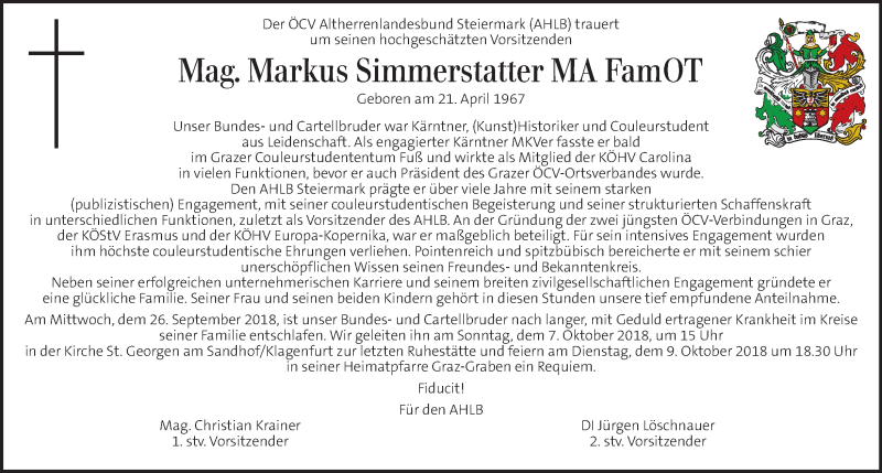  Traueranzeige für Markus Simmerstatter vom 30.09.2018 aus Kleine Zeitung