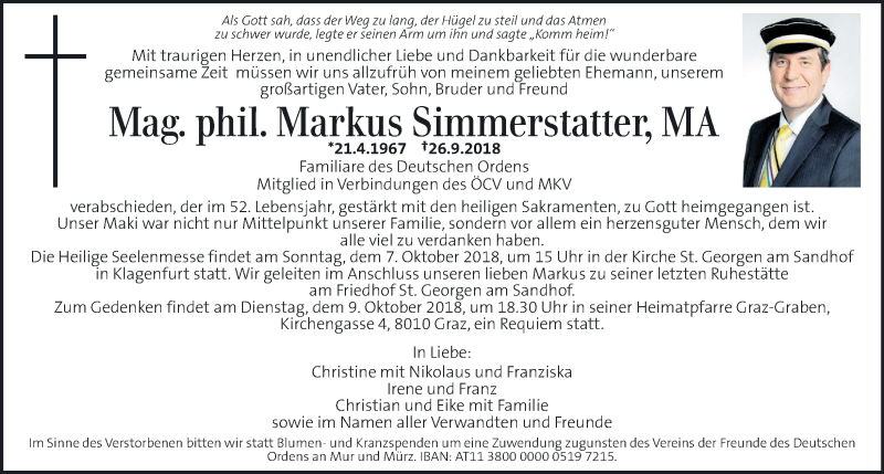  Traueranzeige für Markus Simmerstatter vom 29.09.2018 aus Kleine Zeitung