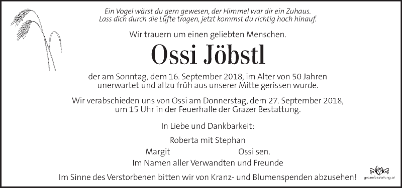 Traueranzeige für Oskar Jöbstl  vom 23.09.2018 aus Kleine Zeitung
