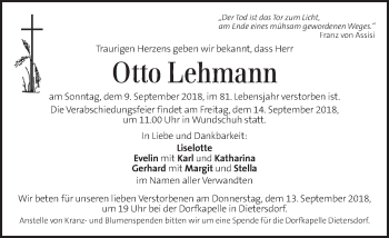 Traueranzeige von Otto Lehmann von Kleine Zeitung