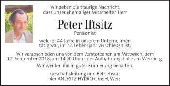 Traueranzeige von Peter Iftsitz von Kleine Zeitung