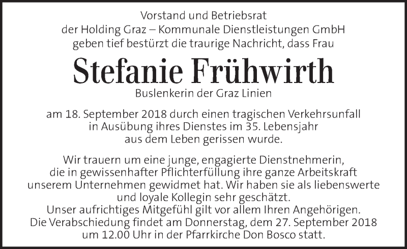  Traueranzeige für Stefanie Frühwirth vom 26.09.2018 aus Kleine Zeitung