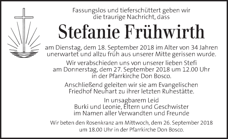  Traueranzeige für Stefanie Frühwirth vom 25.09.2018 aus Kleine Zeitung