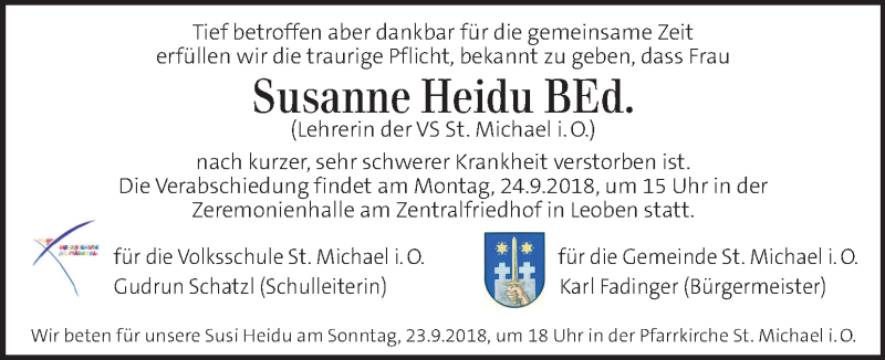 Traueranzeige für Susanne Heidu vom 21.09.2018 aus Kleine Zeitung