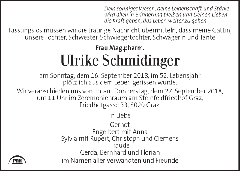  Traueranzeige für Ulrike Schmidinger vom 23.09.2018 aus Kleine Zeitung